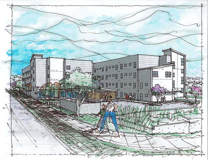 Sketch rendering of Caritas' permanent supportive housing, Espero Austin at Rutland.