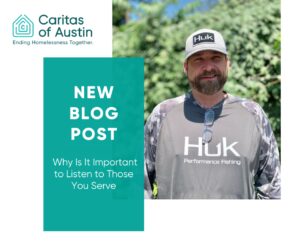 Smiling bearded man beside Caritas blog announcement